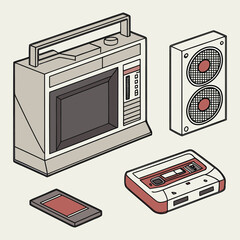 An illustrated depiction of a vintage boombox cassette tapes and audio devices