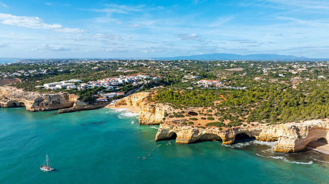Aerial from the Benagil cave near the town Benagil on the southcoast in the Algarve Portugal