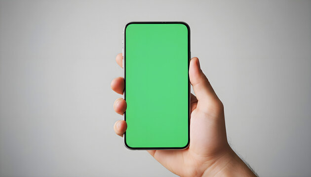 Hand holding mobile smartphone with blank green screen chroma key for mockup isolated on clean grey background for business app display design and web interface presentation