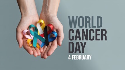 Hands holding colorful cancer awareness ribbons for world cancer day