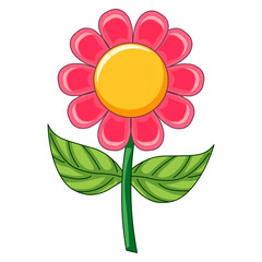 Simple Cartoon Pink Flower Illustration - Cheerful Daisy-like Bloom with Yellow Center and Green Leaves, Ideal for Spring, Garden, Kids' Designs, and Floral Graphics.
