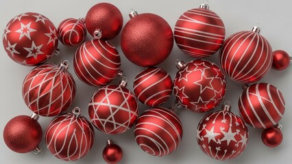 Collection of Red Christmas Ornaments with Various Patterns.