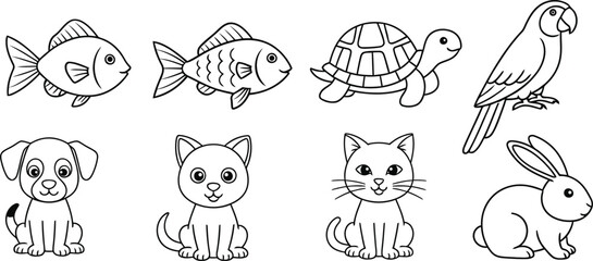 Obraz premium Hand drawn pet animals collection black and white line art