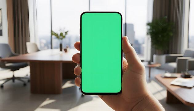Hand holding mobile smartphone with blank green screen chroma key for mockup in modern office meeting room interior with wooden table and lounge background for business app display