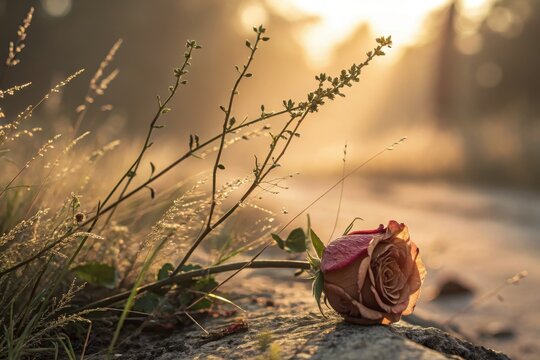 Dried rose resting on rock in golden sunlight - Powered by Adobe