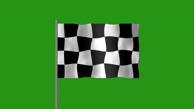 Race flag, Race Pole flag on Green screen, Race flag 3D Animation waving in the wind isolated on Green  Background. 
