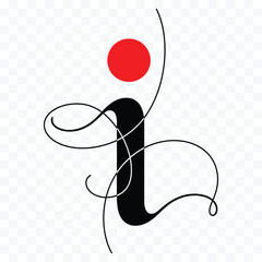 Black lowercase letter i with red circle dot and flowing black lines on transparent checkered background