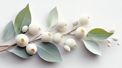 A close-up of a branch with white berries and green leaves, set against a clean white background. The image has a minimalist and elegant design.