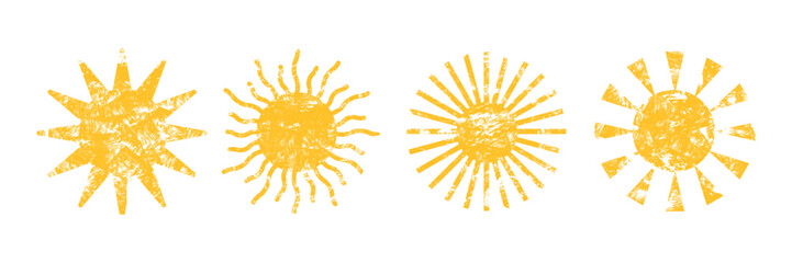 Set of hand-drawn crayon sun icons with playful chalk texture. Cute children&rsquo;s style suns with rough grainy strokes, warm yellow colors and vintage crayon effect for kids design and summer artwork.