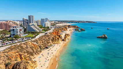 Aerial from the famous beach at Praia da Rocha near Portimao in the Algarve Portugal