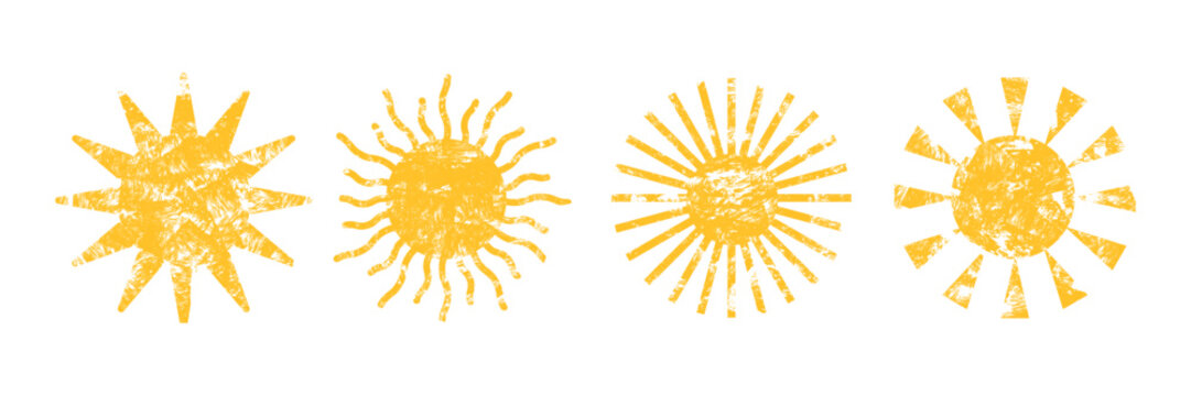 Set of hand-drawn crayon sun icons with playful chalk texture. Cute children&rsquo;s style suns with rough grainy strokes, warm yellow colors and vintage crayon effect for kids design and summer artwork.