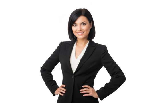 Confident professional woman in a black suit smiling with hands on hips isolated on transparent background