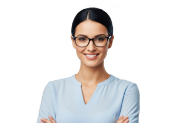 Professional woman with glasses smiling confidently with arms crossed isolated on transparent background