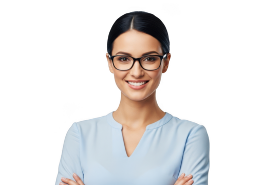 Professional woman with glasses smiling confidently with arms crossed isolated on transparent background