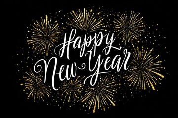 Happy new year text with golden fireworks exploding on a dark background