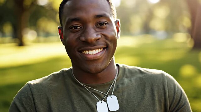 smiling african american man wearing military dog tags and green t-shirt in sunny park. happy male veteran looking away. army soldier, mental health concept.