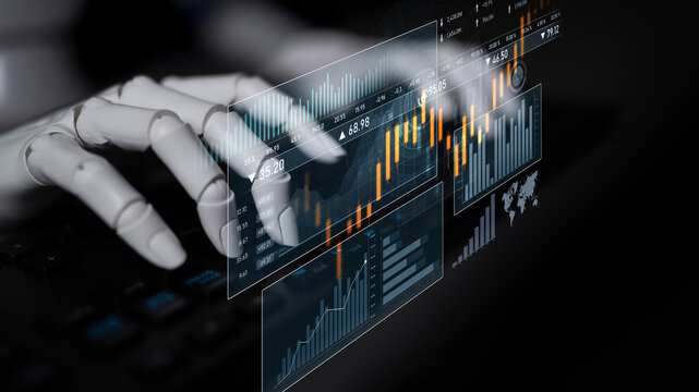 A robotic hand interacts with digital financial data, showcasing graphs and stock market trends. This image illustrates the fusion of technology and finance in modern trading. Scalp