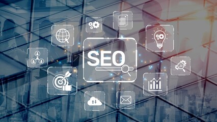SEO concept for improving SEO visibility, with SEO related digital tools and SEO performance icons shown in an focused layout for strategic marketing. Muxer
