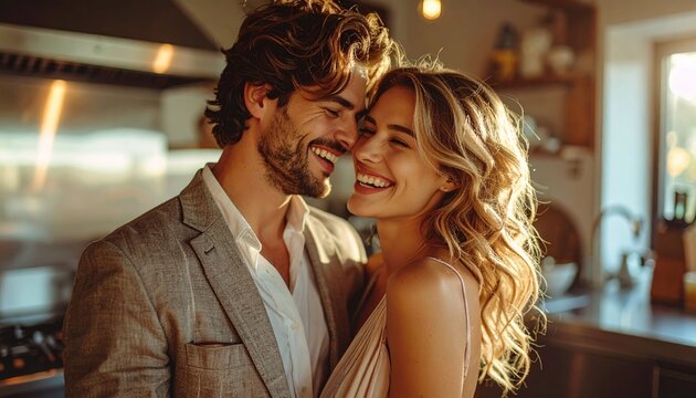 Joyful Couple Embraces Warmly Bathed in Soft Golden Light and Candle Glow Capturing Intimate Connection and Affection