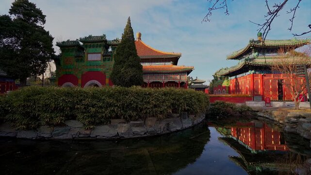 Xiaoxitian Temple Complex Beihai Park Beijing China Traditional Architecture Water Reflection Sunset