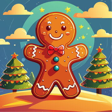 Lebkuchen M&auml;nnchen mit weihnachtlichem Hintergrund - Cartoon Comic Stil