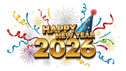 Fototapeta premium Festive Happy New Year 2026 celebration illustration with party elements