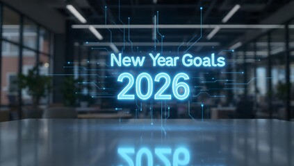 Futuristic holographic neon text "New Year Goals 2026" with glowing blue circuit lines floating above a modern dark office desk, symbolizing ambition and digital-age motivation.