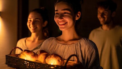 Happy teenage girl in white gown and glowing candle crown proudly carries basket of warm lussekatter saffron buns during traditional Swedish Saint Lucia Day celebration at home.