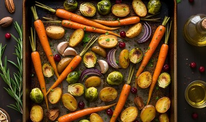 Top view of roasted carrots, potatoes, brussels sprouts, and cranberries on a rustic baking tray, seasoned with fresh herbs for a healthy vegan autumn dinner.