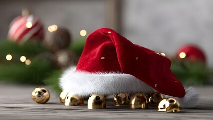 Luxury Santa hat covers golden jingle bells on a rustic wooden table, surrounded by blurred Christmas ornaments and warm bokeh lights. Perfect for winter holiday greeting cards.