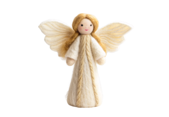 Felt angel with blonde hair and outstretched cream wings, isolated on a transparent background