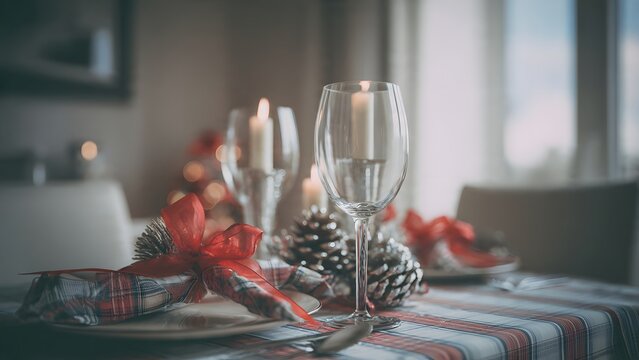 Elegant Christmas dinner table setting with wine glass, red ribbon bow, plaid napkin and soft candlelight bokeh, creating warm and festive holiday atmosphere in cozy dining room.