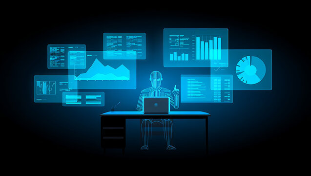 Futuristic holographic data displays projecting financial charts and graphs above a modern desk in a dark room - Powered by Adobe