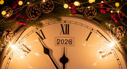 New years eve clock with sparklers and festive decorations