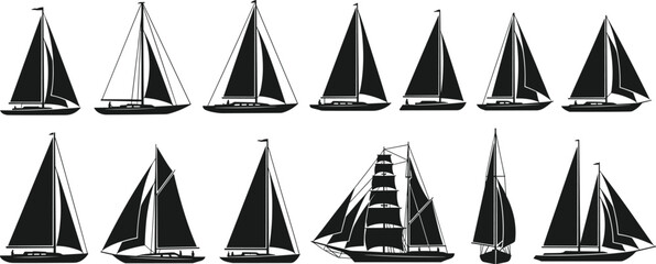 Sailboat silhouette vector set, black and white nautical icons, traditional and modern sail configurations for marine, travel, and maritime design themes