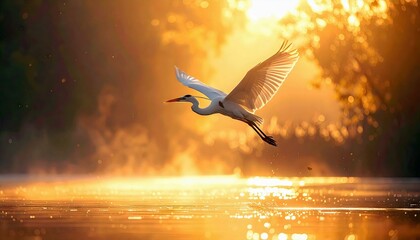 Obraz premium A white heron flies over a body of water, illuminated by the warm light of the setting sun. The image captures a moment of natural beauty and tranquility.