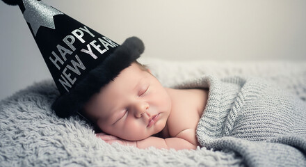 Newborn baby wearing a happy new year hat