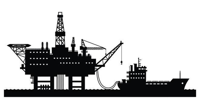 A striking black silhouette of an oil rig a support vessel and maritime infrastructure silhouette