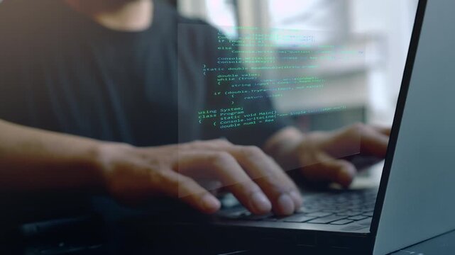 Close up software developer typing code debugging system for programming and application development