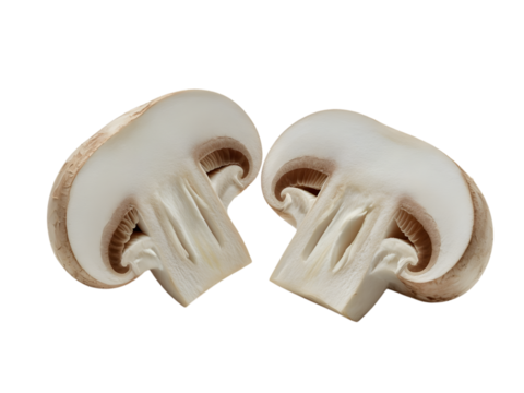 Two halves of a fresh white button mushroom cut in cross section isolated on transparent background