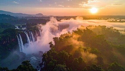 Aerial view of a waterfall cascading through a lush green forest at sunrise, with mist and fog surrounding the trees and water, bathed in warm golden light.