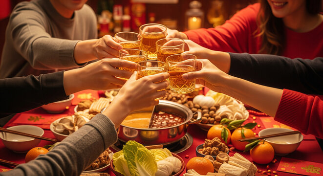 People toasting with beverages at a festive gathering