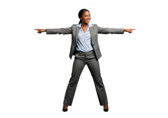 Professional woman in gray suit with arms extended sideways demonstrating balance and openness isolated on transparent background