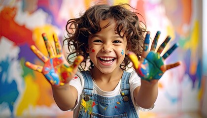 Joyful young child with colorful paint splattered hands smiling wide with a vibrant abstract art background wearing denim overalls in a studio setting with bright lighting