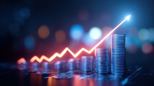 Rising graph line over stacks of coin illustrating financial growth