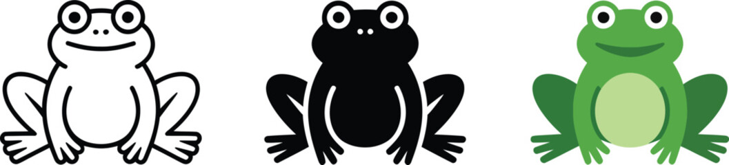 Minimalist black outline drawing of cartoon frog sitting on transparent background design element