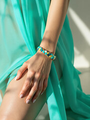 A picture of a woman's hand wearing a turquoise stone bracelet, holding a flowing turquoise dress
