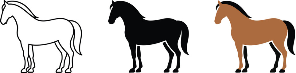 Obraz premium Outline vector icon set of horse standing in profile ideal for tattoo design or emblem use