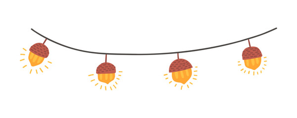 Garland with acorns. Cute autumn decoration for design. Nuts, autumn, forest.