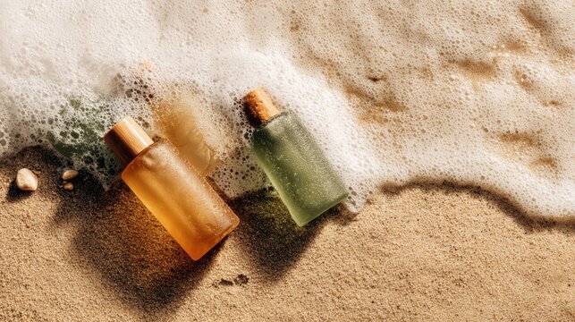 Bottles of liquid on sandy beach